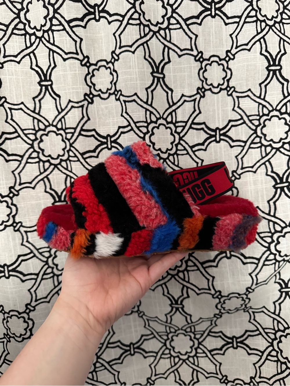 UGG Women’s Red Black Multicolor Fuzzy Slide